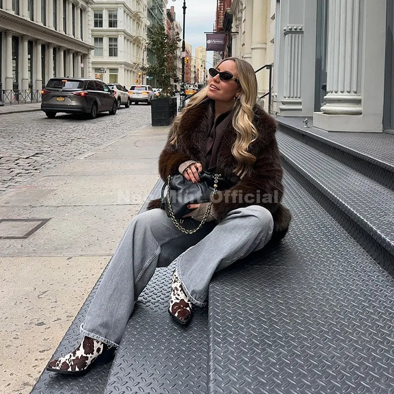 Neo Mint Chic Brand Fashion Brown Belted Faux Fur Coat Women 2025 Winter Thick Warm Long Fox Fur Jacket Girls Furry Overcoat