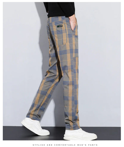 Autumn Winter Luxury Plaid Check Pattern Casual Pants Men Thick Business Elastic Waist Slim Fit Korean Pocket Long Trousers Male