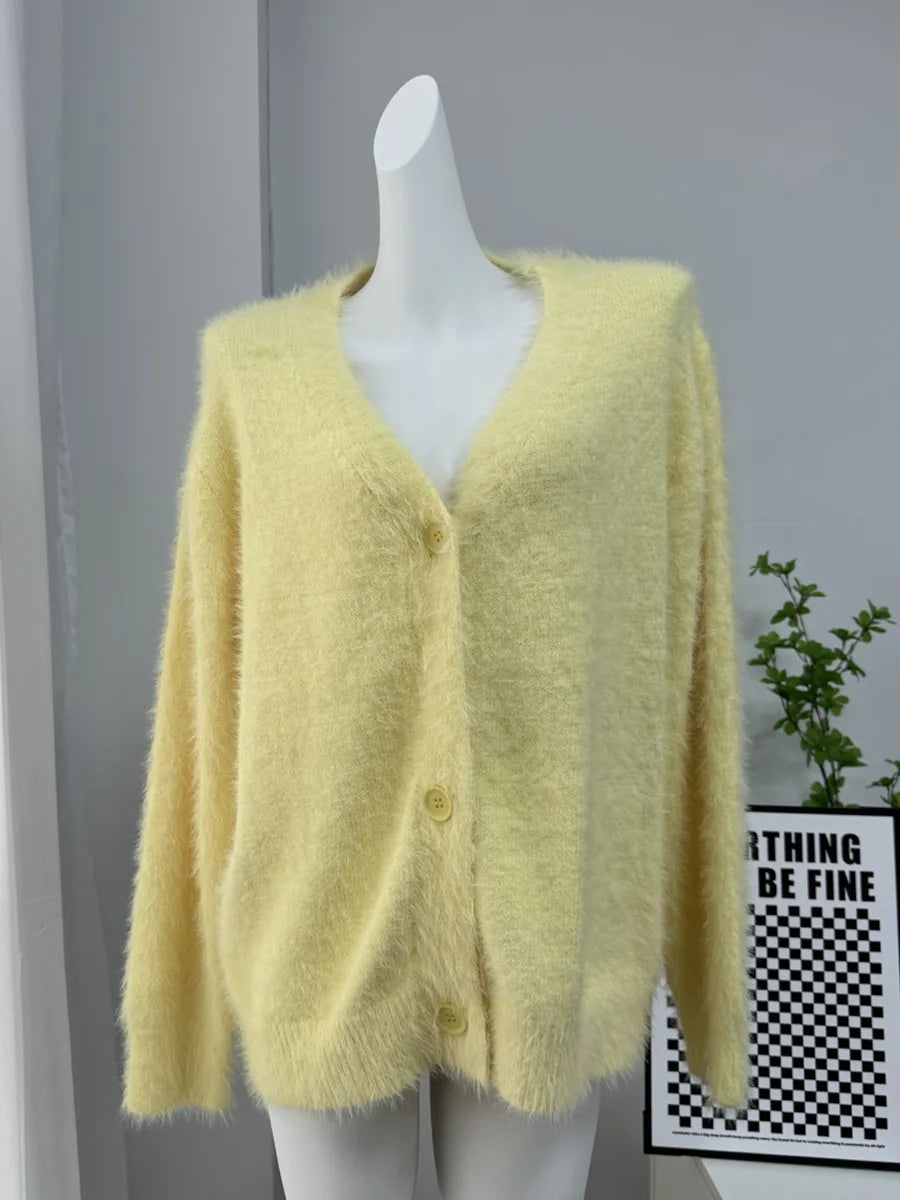 Women New Knitted Thick Cashmere Wool Cardigan Chic V Neck Single Breasted Fashion Long Sleeve Sweater Fall Winter Coat Outwear