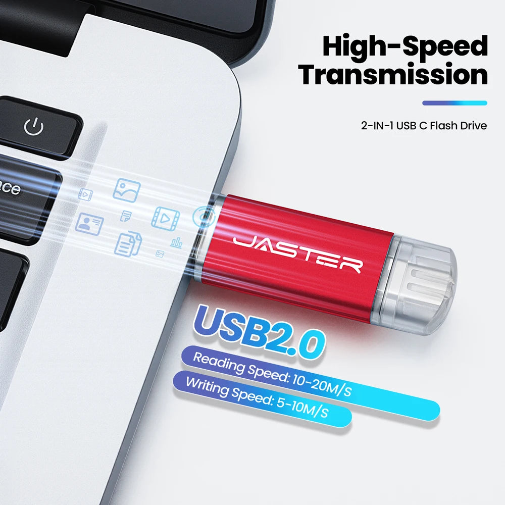 JASTER High Speed TYPE C 2in1 USB Flash Drive 64GB Metal Pen Drive Smart Phone Car TV 8GB Office Gift Memory Stick Fast Delivery