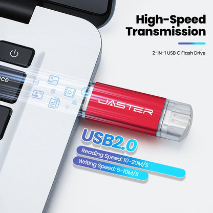 JASTER High Speed TYPE C 2in1 USB Flash Drive 64GB Metal Pen Drive Smart Phone Car TV 8GB Office Gift Memory Stick Fast Delivery