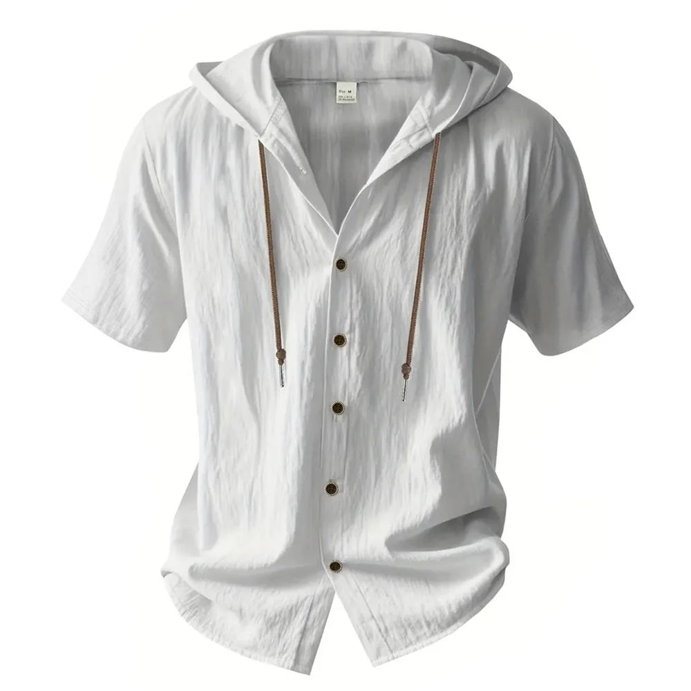Summer Men's Hooded Cotton Linen Shirt Solid Color Breathable Lightweight Short Sleeve Drawstring Design Tees Male Casual Tops