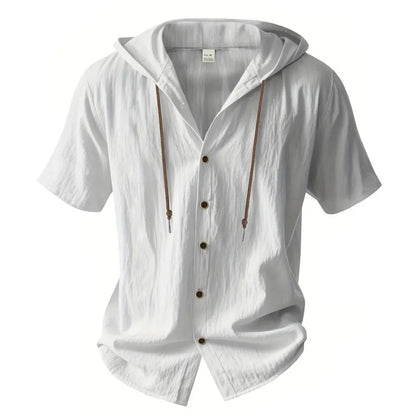 Summer Men's Hooded Cotton Linen Shirt Solid Color Breathable Lightweight Short Sleeve Drawstring Design Tees Male Casual Tops