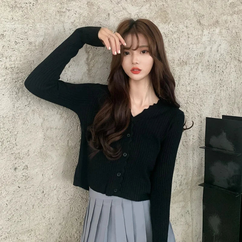 Women Ribbed Crew Neck Cardigan Sweater Pastel Pink Purple Long Sleeve Fitted Crop Knitted Jacket Spring Fall