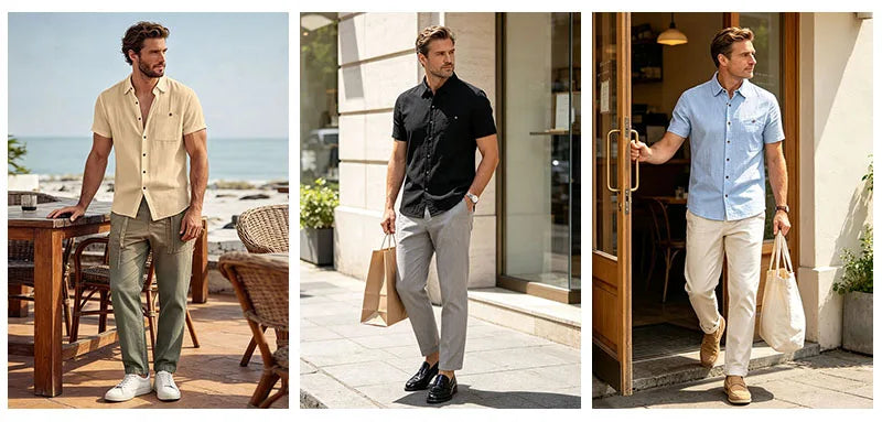 Men's Linen Blend Short Sleeve Button Down Shirt Casual Beach Top with Chest Pocket Breathable Lightweight Summer Shirts for Men