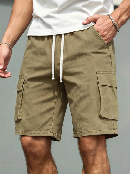 2026 Men's loose linen straight-leg pants, casual multi-pocket work shorts, high-end men's shorts, drawstring daily work shorts