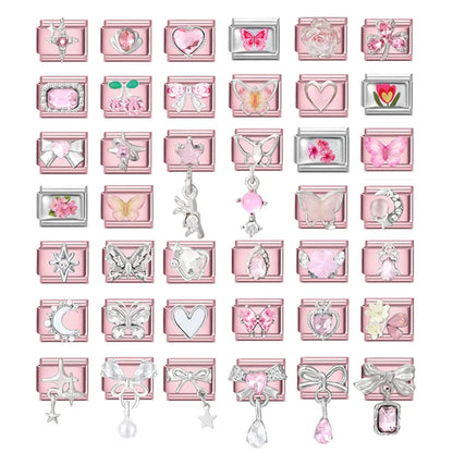 2025 New Women Romantic Pink Cherry Heart Shiny CZ Italian Charm Links Fit 9mm Bracelet Stainless Steel DIY Making Jewelry Gifts