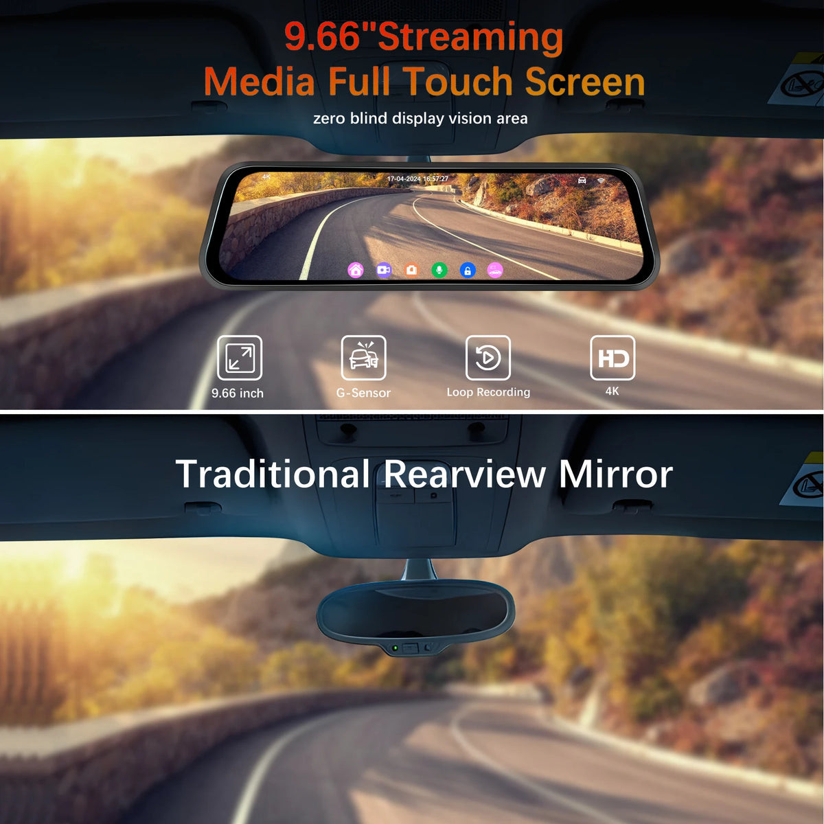 Podofo 4K Dashcam 9.66'' Mirror Dash Car Camera Rear Camera  Video Recorder Night Vision Loop Recording G Sensor 24H Parking Monitoring