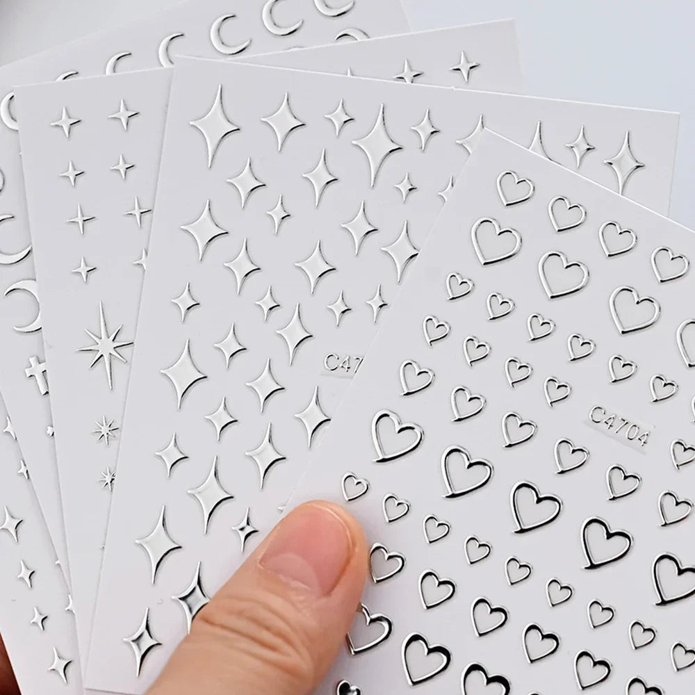 Metal Silver Nail Stickers Metallic 3D Star Nail Art Stickers Decals Self-Adhesive Nail Art Stickers Metal Chain Heart