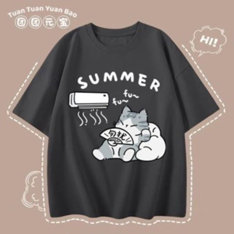 M-8XL Summer Men Oversize T-shirt Korean Casual Loose Style Kitten Blowing Fan Print T-shirt Suitable for Both Men Women