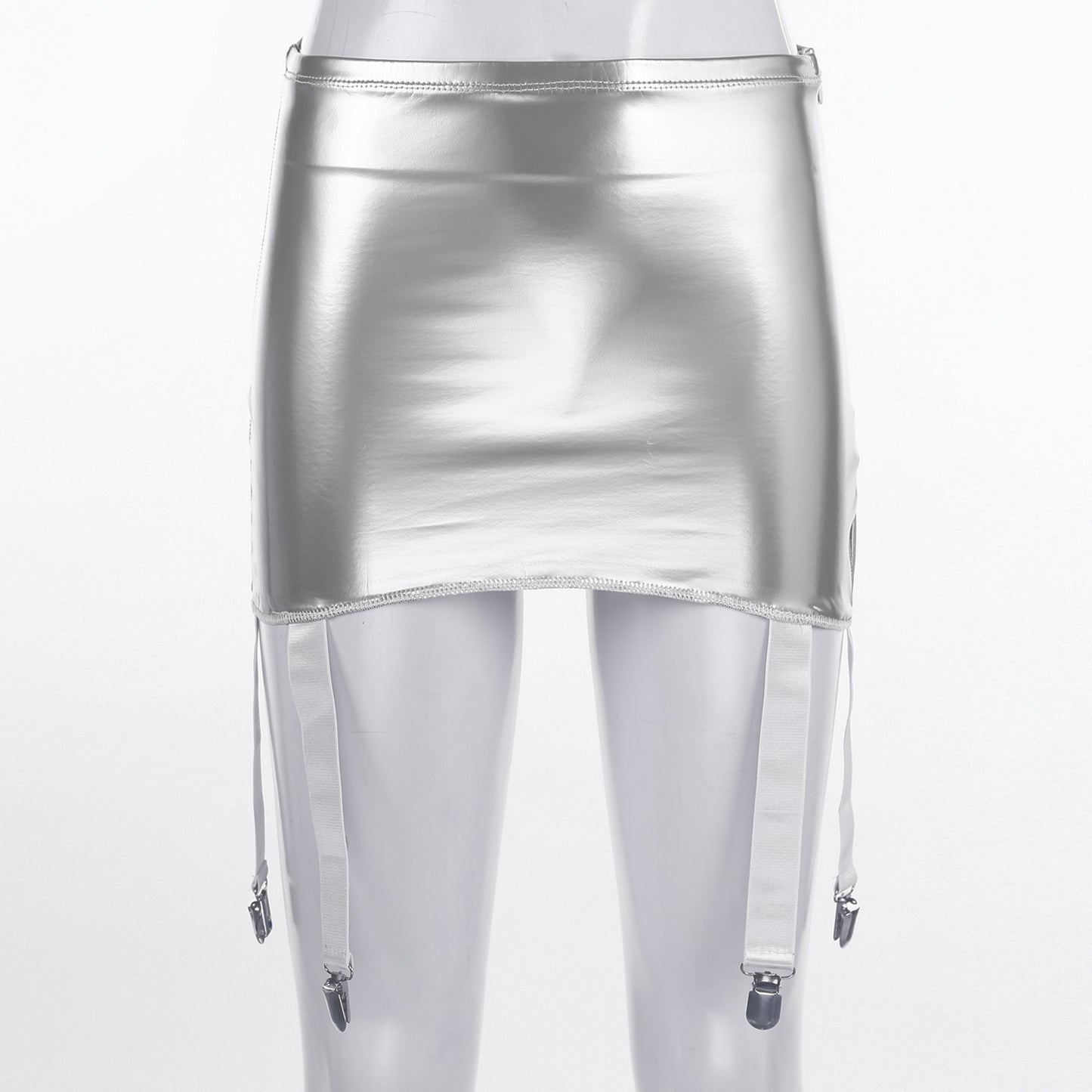 Women's Garter Straps Pencil Skirts Patent Leather Wet Look Garter Belt Short Mini Skirts with Buckle Clips Sexy Clubwear Party
