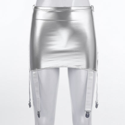 Women's Garter Straps Pencil Skirts Patent Leather Wet Look Garter Belt Short Mini Skirts with Buckle Clips Sexy Clubwear Party