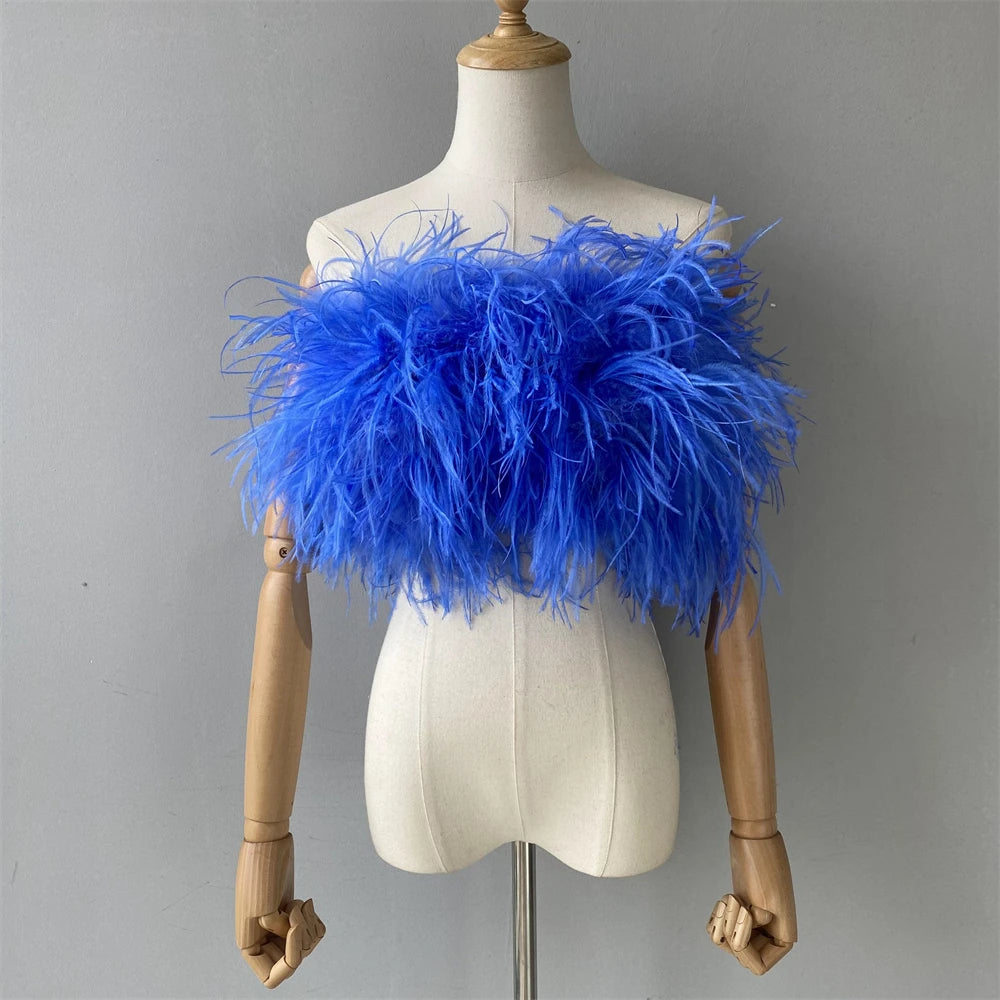 Jaxmonoy New Women Ostrich Feather Tube Spring Summer Sexy Stretch Top Bra Lady Party Wedding Fashion Sleeveless Cropped Top