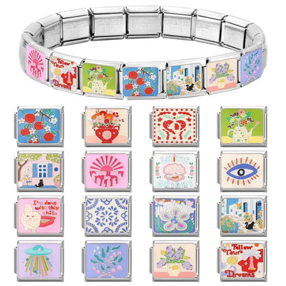 Fashion Drip Glaze Blue Eyes Colorful Butterfly Italian Charm Links Fit 9mm Stainless Steel Bracelet Jewelry DIY Making Beads