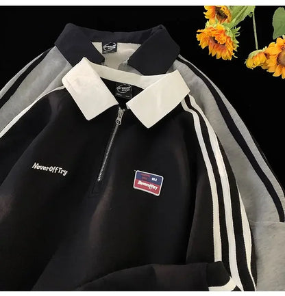 American Style Autumn Winter Oversize Sweatshirts Men Lapel Letter Zipper Printing Label Fashion Trend Long Sleeve Loose Hoodies