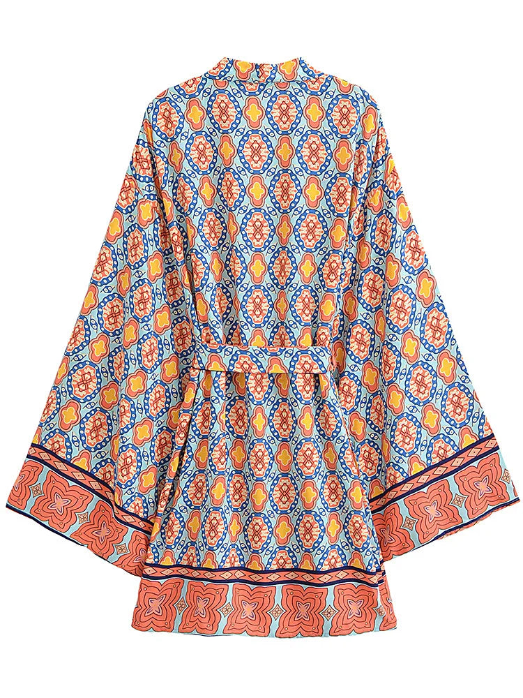 Boho Queens Vintage Peacock Floral Print Sashes Beach Kimono Women Bohemian Wrap Batwing Sleeves Holiday Bikini Cover-ups