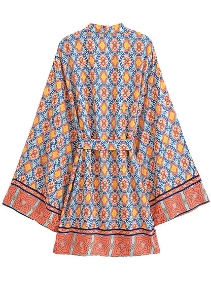 Boho Queens Vintage Peacock Floral Print Sashes Beach Kimono Women Bohemian Wrap Batwing Sleeves Holiday Bikini Cover-ups