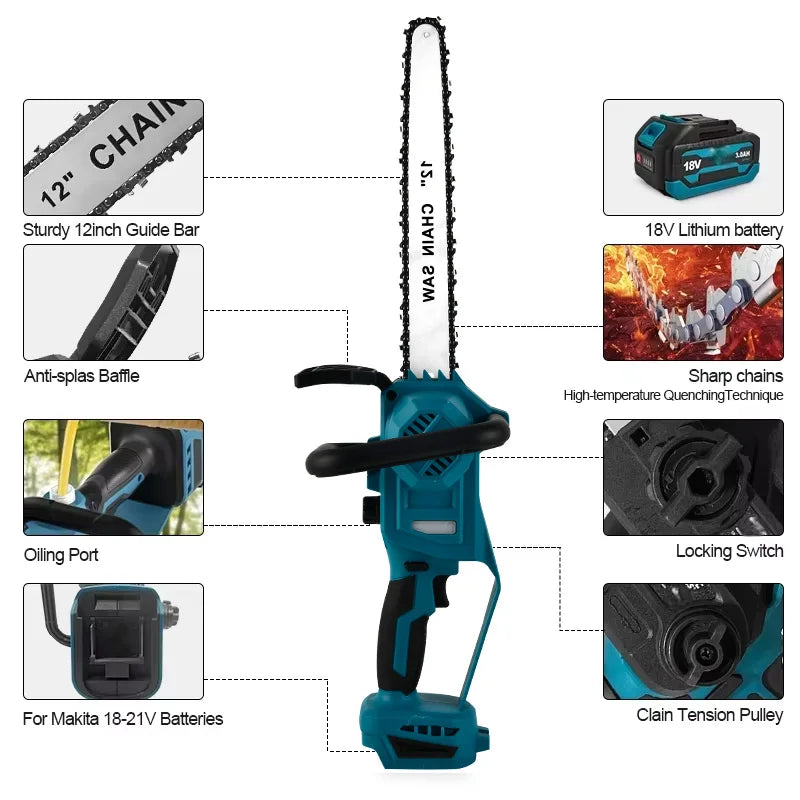 600W Handheld Brushless Woodworking Chainsaw Power Tool For Makita 18V Battery 12-inch Cordless Blue Electric Chainsaw