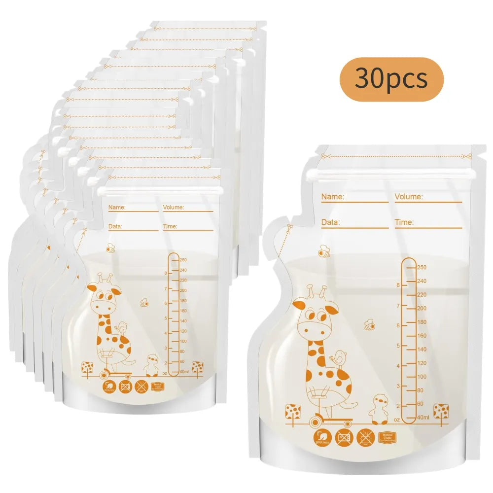 PE Giraffe Breast Milk Storage Bags, 250ML 30pcs/60 pcs per Pack, Pre-Stick Labels, BPA Free, Leakproof,