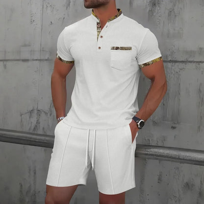 2026 Men Europe and the United States new summer Waffle solid color zip-up lapel short-sleeve suit shorts two sets