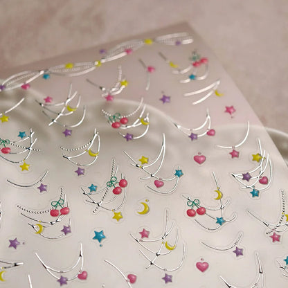Grid Patterned Star Bowknot Cherry Polka Dot Line Colorful Geometric Five-pointed Star Adhesive Nail Art Sticker Manicure Decal