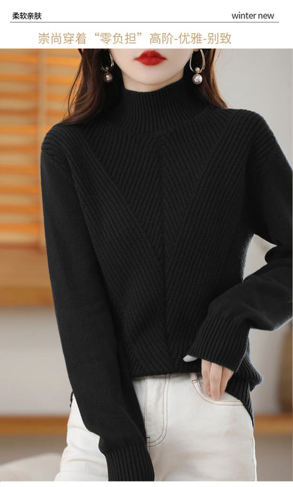 Women 100% Cotton Knit Sweater Half-high Collar Stripe Pullover Autumn Winter Thickened Bottoming Clothing Casual Knitted Tops