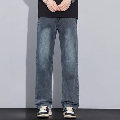 New Arrival American Vintage Wide Leg Elastic Denim Pants for Men Loose Straight Fit Flowy Versatile Casual Pants