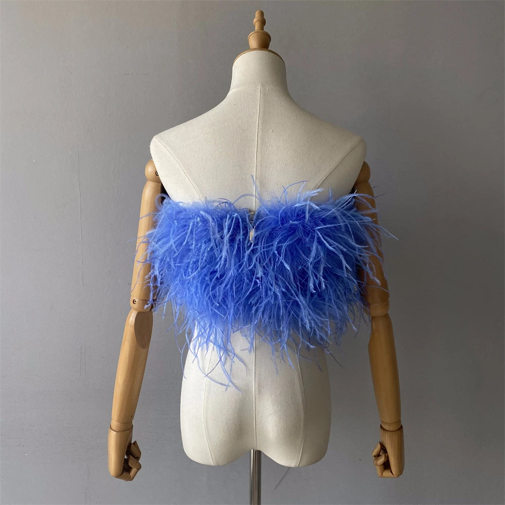 Jaxmonoy New Women Ostrich Feather Tube Spring Summer Sexy Stretch Top Bra Lady Party Wedding Fashion Sleeveless Cropped Top