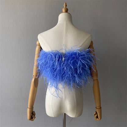 Jaxmonoy New Women Ostrich Feather Tube Spring Summer Sexy Stretch Top Bra Lady Party Wedding Fashion Sleeveless Cropped Top