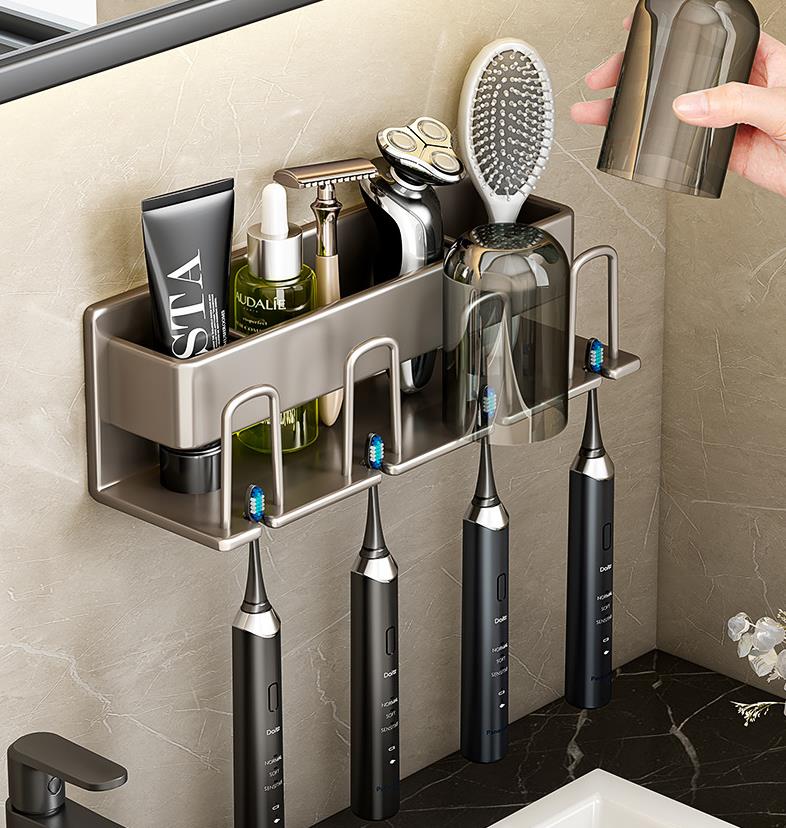 Wall Mounted Toothbrush Holder Aluminium Alloy Toothpaste Rack Bathroom Household Space Saving No Punching Bathroom Accessories