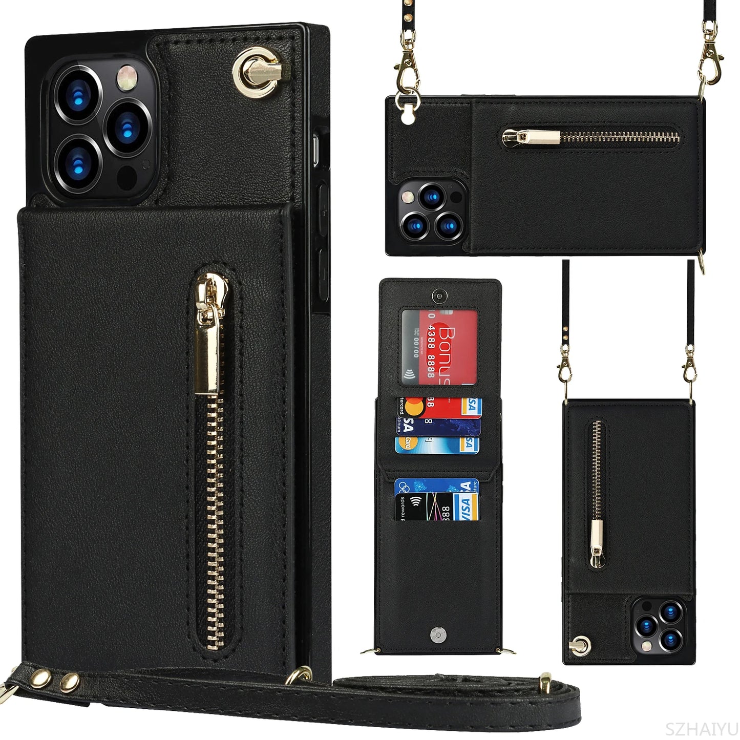 Zipper Wallet for IPhone 17 Air 16 16E 15 14 13 12 11 Pro Max Plus Case with Card Holder Lanyard Strap Crossbody Leather Cover