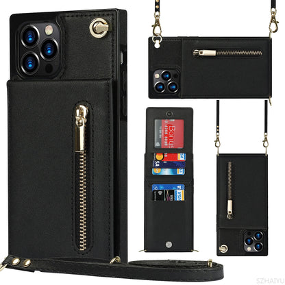 Zipper Wallet for IPhone 17 Air 16 16E 15 14 13 12 11 Pro Max Plus Case with Card Holder Lanyard Strap Crossbody Leather Cover