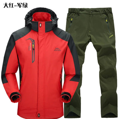 Outdoor Jacket Pants Sets Men Fleece Thermal Waterproof Windproof Hooded Jackets Hiking Military Trip Mountain Camping Clothes