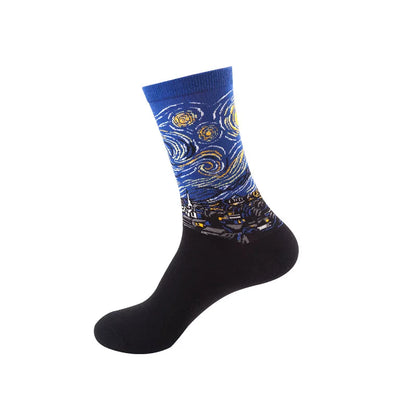 1 Pair Men Cotton Retro Abstract Oil Painting Art Socks Shout Modern Van Gogh Starry Night Happy Oil Painting Skateboard Sock