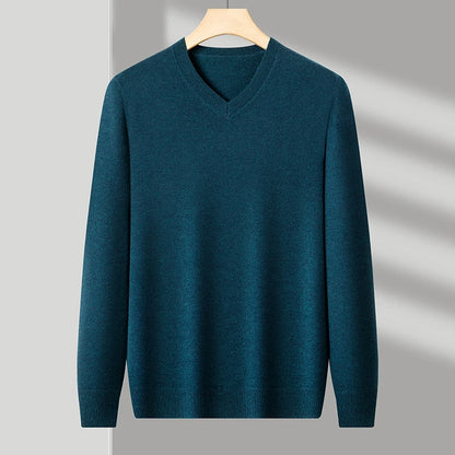 Men's V-Neck Basic Solid Color Sweatshirt Warm Autumn Knitted Oversize Pullover Elastic round Neck Sweater for Casual Wear
