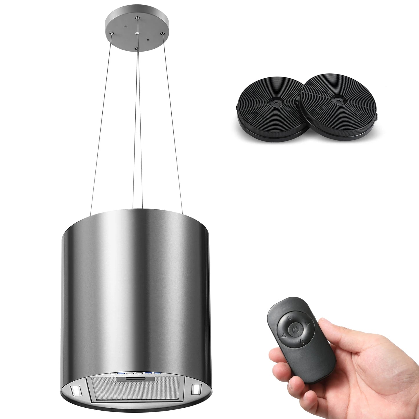 Island Hood 700/800m³/h, A+ Energy, 5-Layer Filter, LED, Ductless, Black, CE, Push Button