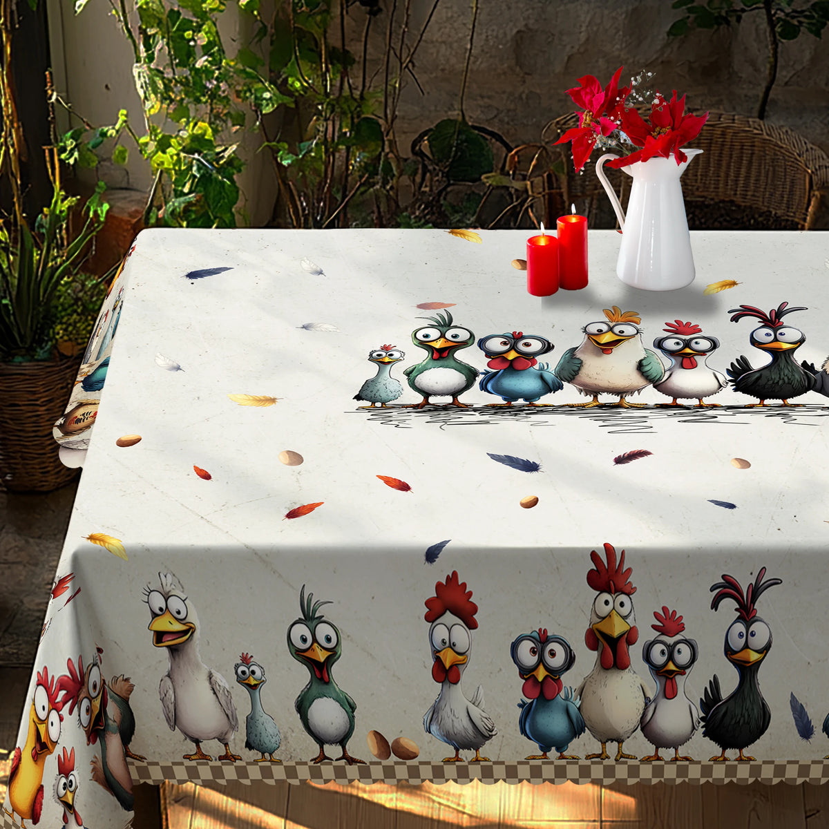 Cute Crazy Chicken Polyester Tablecloth, Featuring Various Adorable Chicken Patterns in Different Colors, Colorful Feathers, Egg Prints, Embossed Edges, Waterproof, Wrinkle-Resistant, Fade-Resistant, Suitable for Rectangular