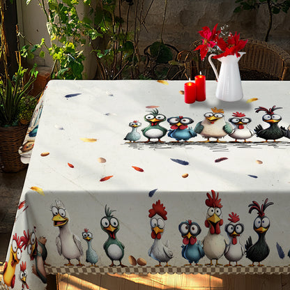 Cute Crazy Chicken Polyester Tablecloth, Featuring Various Adorable Chicken Patterns in Different Colors, Colorful Feathers, Egg Prints, Embossed Edges, Waterproof, Wrinkle-Resistant, Fade-Resistant, Suitable for Rectangular