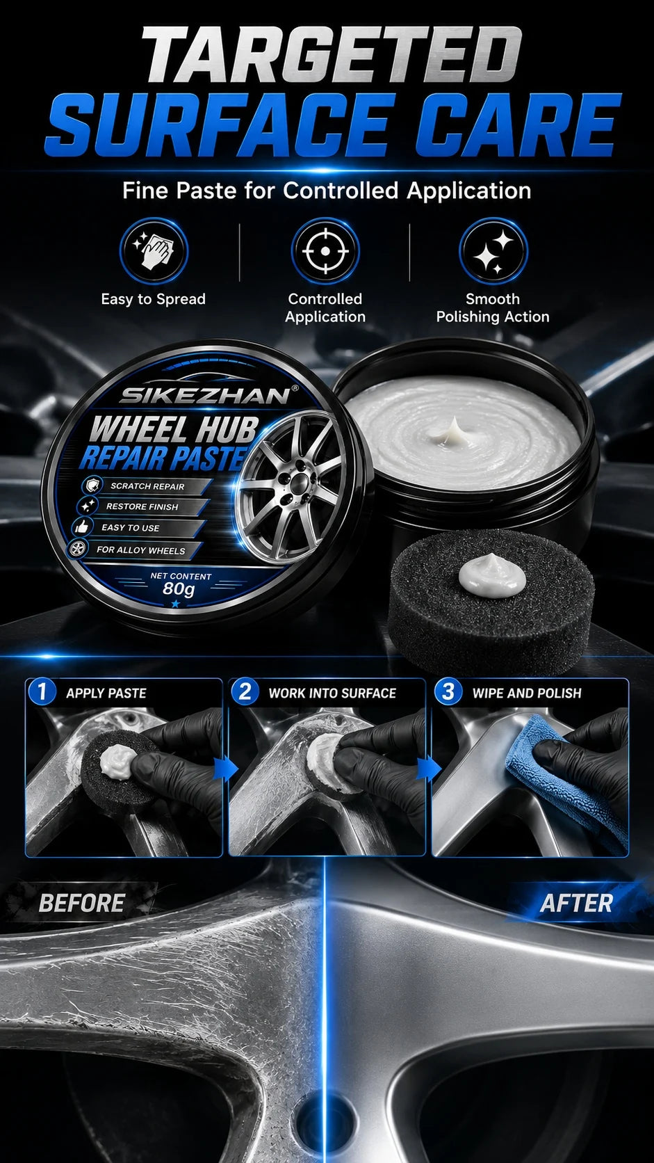 SIKEZHAN 80g Car Wheel Hub Repair Paste,Scratch & Oxidation Remover, Color Restorer and Polish Wax for Alloy Chrome Rims & Tires