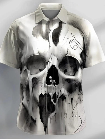 Halloween Men's Dark Skull Prints Casual Long Sleeve Shirt-Vintage Skull Floral Print,Regular Fit,Lapel Collar, Polyester Blend
