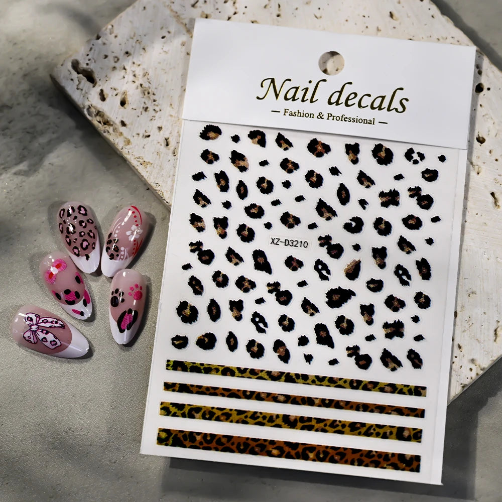 5D Pink Leopard Print Nail Art Stickers 8x10cm Pink/Black/Brown Leopard Nail Decal DIY Manicure Adhesived Leopard Slider