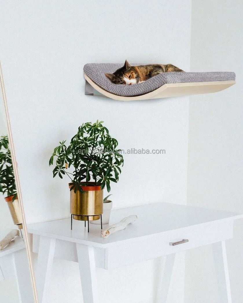Custom Modern Wood Cat Climbing Frame Wall Mounted Shelves with Hammock and 3 Steps for Cats Furniture
