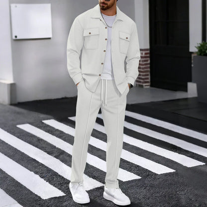 New autumn style waffle long-sleeved solid-color double-pocket buttoned cardigan shirt and pants set