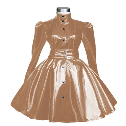 Plus Size Sweet Girl Mini Dress PVC Leather High Neck Button Pleated  A-line Dress Preppy Style Back Zipper Long Sleeve Dress
