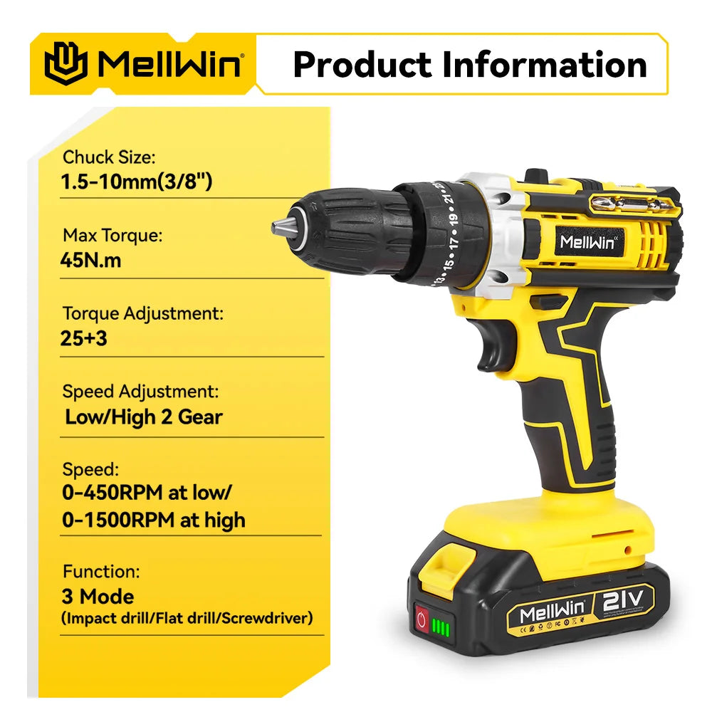 MELLWIN 25+3 Torque Electric Impact Drill 2 Speed Adjustable Cordless Electric Screwdriver Power Tool For Makita 18V Battery Pin