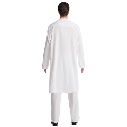 Muslim Men Jubba Thobe 2 Pice Set Top with Pant Mens Abaya Long Islamic Eid 2025 Ramadan Long Robe Saudi Wear Caftan Dubai Arab