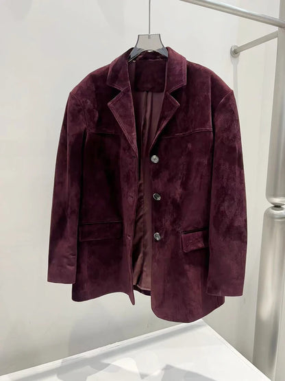 French High-end Western-style Leather Jacket for Women 2026 New Color Purple Red Oversized Casual Kid Suede Suit Blazer Outwears
