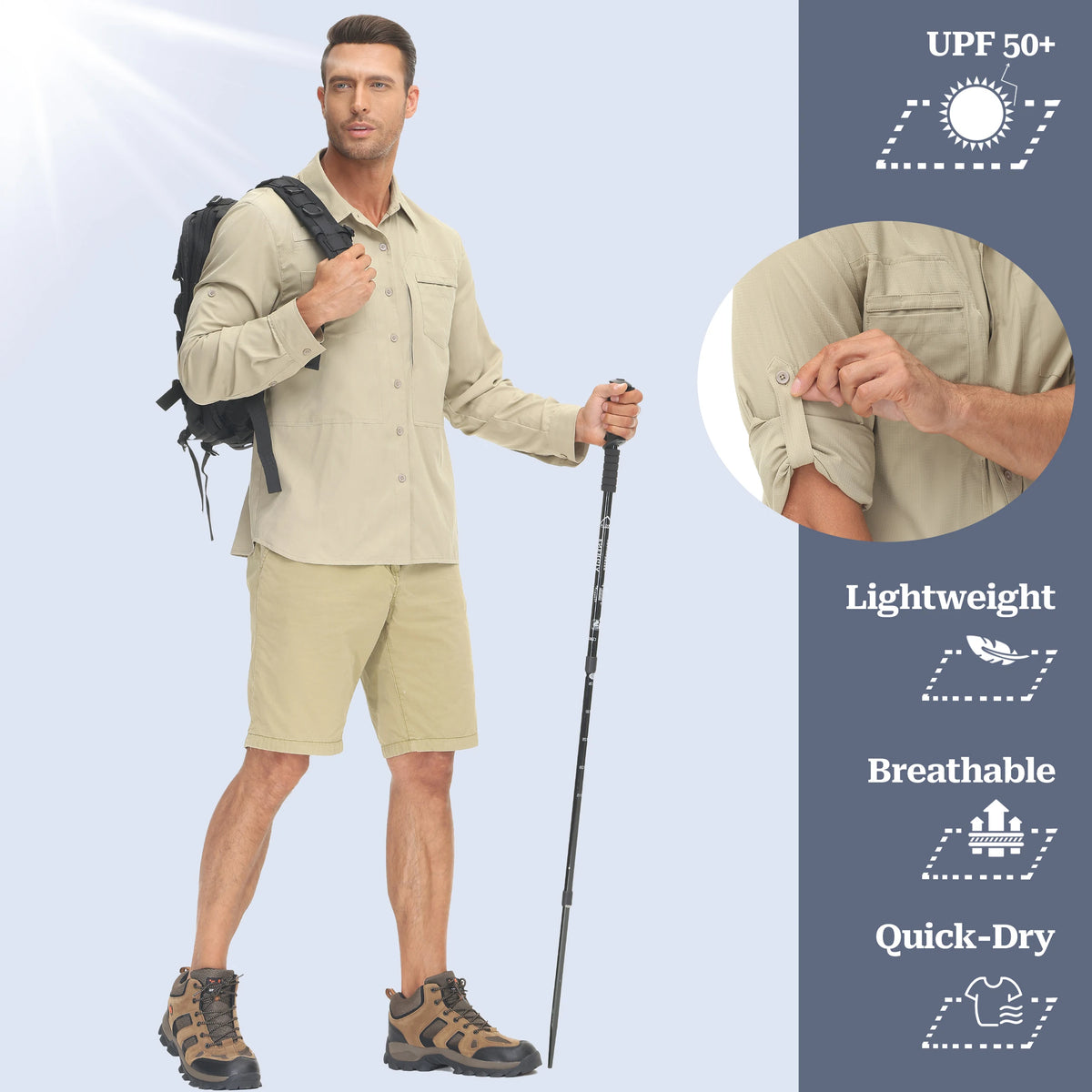 Men's Long Sleeve Fishing Shirts UPF 50+ Sun Protection Breathable Lightweight Travel Work Button Down Shirt with Zipper Pocket