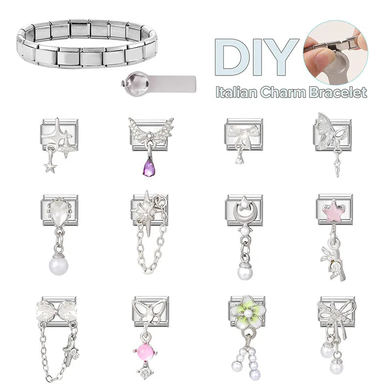 New Shiny Zircon Heart Butterfly Flower Star Bow Italian Charm Links Fit 9MM Stainless Steel Bracelet Girls' DIY Making Gift