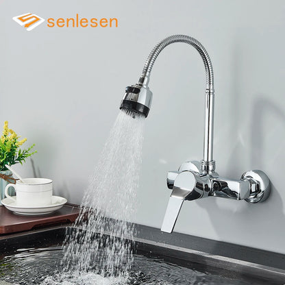 Chrome Wall Mounted Dual Hole Kitchen Faucet Lead Free Hot Cold Water Mixer Tap Stream Spray Bubbler 360 Rotation Flexible Pipe